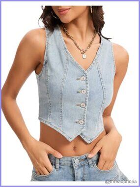 Cropped Denim Vest Women Sleeveless Waistcoat Jean Vest Country Concert Top